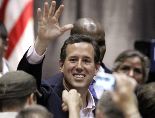 <YONHAP PHOTO-0385> Republican presidential candidate, former Pennsylvania Sen. Rick Santorum, greets the crowd at his primary election night rally in Gettysburg, Pa., Tuesday, March 20, 2012. (AP Photo/Charles Dharapak)/2012-03-21 11:38:32/ <저작권자 ⓒ 1980-2012 ㈜연합뉴스. 무단 전재 재배포 금지.>
Republican presidential candidate Rick Santorum greets the crowd at his primary election night rally in Pennsylvania, March 20.  AP-Yonhap News