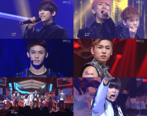 BTOB(가수)\r\n비투비는 3월 25일 오후 방송한 SBS ‘인기가요’에 출연해 더블타이틀곡 ‘비밀’ 무대를 선보였다.