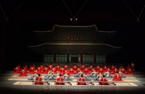This file photo shows the Court Music Orchestra of the National Gugak Center performing “Gwanak Yeongsanhoesang.”     National Gugak Center
