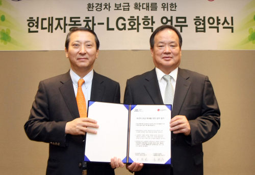 <YONHAP PHOTO-1255> 현대차-LG화학, '환경차 보급확대 업무협약' 체결 (서울=연합뉴스) 현대자동차는 26일 경기도 광주 곤지암리조트에서 현대차 김충호 사장과 LG화학 전지사업본부장 권영수 사장이 함께한 가운데 '친환경차 보급 업무협약' 체결 및 쏘나타 하이브리드 업무용 차량 전달식을 가졌다. 현대차 김충호(오른쪽)사장과 LG화학 권영수 사장이 업무 협약서를 들고 기념촬영을 하고 있다. 2012.3.26 << 현대기아차 >> photo@yna.co.kr/2012-03-26 15:51:27/ <저작권자 ⓒ 1980-2012 ㈜연합뉴스. 무단 전재 재배포 금지.>\r\n<YONHAP PHOTO-1255> 현대차-LG화학, '환경차 보급확대 업무협약' 체결 (서울=연합뉴스) 현대자동차는 26일 경기도 광주 곤지암리조트에서 현대차 김충호 사장과 LG화학 전지사업본부장 권영수 사장이 함께한 가운데 '친환경차 보급 업무협약' 체결 및 쏘나타 하이브리드 업무용 차량 전달식을 가졌다. 현대차 김충호(오른쪽)사장과 LG화학 권영수 사장이 업무 협약서를 들고 기념촬영을 하고 있다. 2012.3.26 << 현대기아차 >> photo@yna.co.kr/2012-03-26 15:51:27/ <저작권자 ⓒ 1980-2012 ㈜연합뉴스. 무단 전재 재배포 금지.>\r\n<YONHAP PHOTO-1255> 현대차-LG화학, '환경차 보급확대 업무협약' 체결 (서울=연합뉴스) 현대자동차는 26일 경기도 광주 곤지암리조트에서 현대차 김충호 사장과 LG화학 전지사업본부장 권영수 사장이 함께한 가운데 '친환경차 보급 업무협약' 체결 및 쏘나타 하이브리드 업무용 차량 전달식을 가졌다. 현대차 김충호(오른쪽)사장과 LG화학 권영수 사장이 업무 협약서를 들고 기념촬영을 하고 있다. 2012.3.26 << 현대기아차 >> photo@yna.co.kr/2012-03-26 15:51:27/ <저작권자 ⓒ 1980-2012 ㈜연합뉴스. 무단 전재 재배포 금지.>
