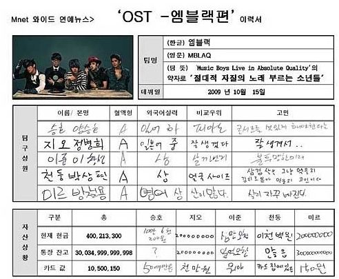 엠블랙/가수\r\n엠블랙 이력서/아이돌 그룹 엠블랙의 이력서가 공개돼 화제가 되고 있다. \r\n　최근 온라인 커뮤니티에는 ‘엠블랙 자필 이력서’라는 제목의 게시물이 공개돼 누리꾼들의 이목을 끌었다.