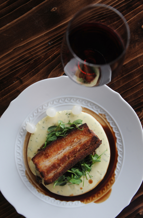 The Krispy Miss Pork is marinated in doenjang before being cooked sousvide for half a day. The pork belly is then cooked once more to achieve its crispy texture, laid over a bed of lentils, potato puree and port wine sauce. (Lee Sang-sub/The Korea Herald)