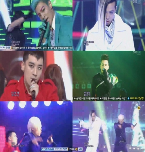 빅뱅(가수)
빅뱅은 4월 1일 오후 생방송으로 진행된 SBS ‘인기가요’에 출연해 ‘베드보이(BAD BOY)’,‘판타스틱 베이비(FANTASTIC BABY)’를 공개했다.