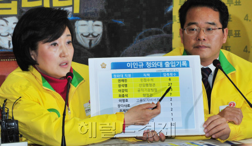 민주통합당 박영선 새누리당심판위원장이 2일 국회 당 대표실에서 'MB-새누리당 심판위원회의'기자 브리핑을 하고 팄다. 이날 기자 브리핑에서 민주통합당 박영선 심판위원장이 이인규 청와대 출입기록 차트를 보며 취재진들에게 설명하고 있다.  박현구 기자phko@heraldm.com 2012.04.02
민주통합당 박영선 새누리당심판위원장이 2일 국회 당 대표실에서 'MB-새누리당 심판위원회의'기자 브리핑을 하고 팄다. 이날 기자 브리핑에서 민주통합당 박영선 심판위원장이 이인규 청와대 출입기록 차트를 보며 취재진들에게 설명하고 있다.  박현구 기자phko@heraldm.com 2012.04.02
