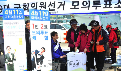 서울특별시선거관리위원회는 8일 오전 서울 관악산 입구에서 모의투표소를 설치하고 오는 11일 실시되는 제19대 국회의원선거가 1인 2투표제도로 투표참여 캠페인을 벌이고 있다.<br />김명섭 기자 msiron@
People cast ballots at mock polling booths in Seoul on Sunday during an event organized by the capital’s election watchdog to boost voter participation.   Kim Myung-sub/The Korea Herald