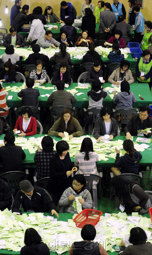 19대 총선 출구조사 결과가 새누리당과 민주통합당이 원내 제1당 자리를 놓고 초접전을 벌이고 있는 것으로 나타난 가운데 11일 오후 서울 종로구 경기상고 강당에 마련된 종로구개표소에서 관계자들이 개표작업을 하고 있다. 박해묵 기자/mook@heraldm.com
19대 총선 출구조사 결과가 새누리당과 민주통합당이 원내 제1당 자리를 놓고 초접전을 벌이고 있는 것으로 나타난 가운데 11일 오후 서울 종로구 경기상고 강당에 마련된 종로구개표소에서 관계자들이 개표작업을 하고 있다. 박해묵 기자/mook@heraldm.com