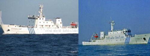This undated handout photo taken by Philippine navy and released on Wednesday by the Department of Foreign Affairs shows a combo photo of Chinese surveillance ships 84 (left) and 75 which were allegedly locked in a standoff with the biggest warship of the Philippines, off Scarborough Shoal, as the Philippines' navy flagship tried to arrest Chinese fishermen found to have illegally entered its territory over the weekend. (AFP-Yonhap News)