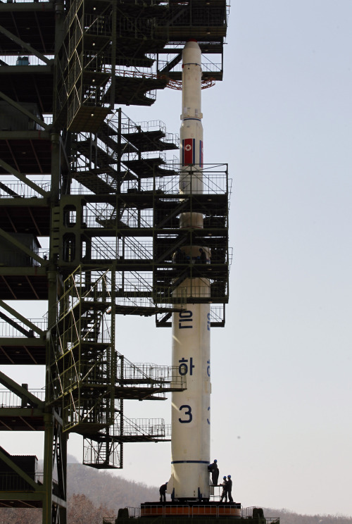 In this April 8, 2012 file photo, North Korea's Unha-3 rocket stands at Sohae Satellite Station in Tongchang-ri, North Korea. (AP-Yonhap News)