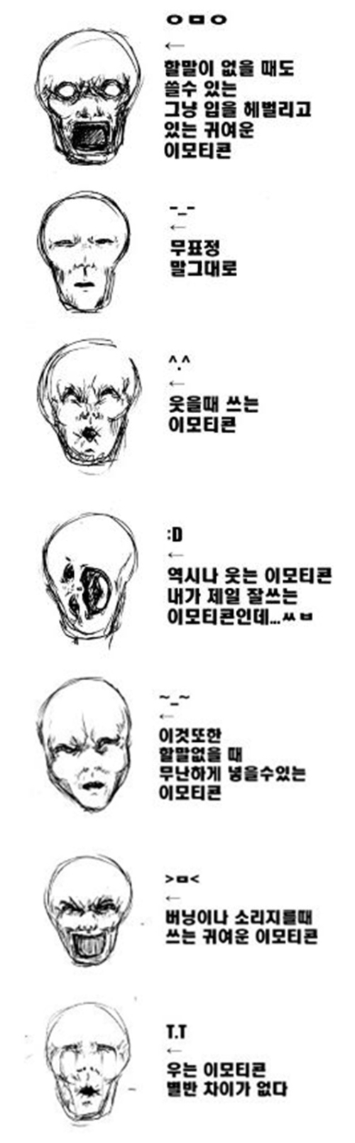 공개된 그림에는 평소에 네티즌들이 주로 사용하는 이모티콘을 좀 다른 방법으로 표현해 낸 그림들이 담겨져 있다. 평면적인 이모티콘을 이용해 얼굴에 입체감을 주고 캐릭터를 만들어 살아있는 표정의 이모티콘을 만들어 낸 것. 해골처럼 보이는 이 독특한 이모티콘에 대해 호기심을 갖는 네티즌들이 많다.