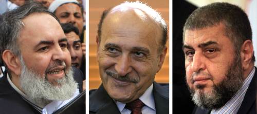 <YONHAP PHOTO-0599> A combo of two recent pictures of Egyptian Salafist presidential candidate Hazem Abu Ismail (L) and Khairat el-Shater (R), the presidential candidate of the country's Muslim Brotherhood, taken in April 2012 in Cairo and a portrait taken in Jerusalem in January 2005 of former Egyptian intelligence chief Omar Suleiman. Egypt's election commission said on April 14, 2012 that the ex-spy chief Suleiman, ultra-conservative Islamist preacher Abu Ismail and the Muslim Brotherhood's Shater were among 10 candidates barred from running for president. AFP PHOTO/KHALED DESOUKI../2012-04-15 10:05:22/ <저작권자 ⓒ 1980-2012 ㈜연합뉴스. 무단 전재 재배포 금지.>
Egyptian Salafist presidential candidate Hazem Abu Ismail (left), Khairat el-Shater (right), the presidential candidate of the country’s Muslim Brotherhood and a former Egyptian intelligence chief Omar Suleiman.  AFP-Yonhap News
Egyptian Salafist presidential candidate Hazem Abu Ismail (left), Khairat el-Shater (right), the presidential candidate of the country’s Muslim Brotherhood and a former Egyptian intelligence chief Omar Suleiman.  AFP-Yonhap News