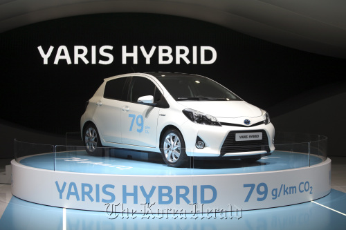 A Toyota Yaris Hybrid sits on display during the Geneva International Motor Show in Switzerland.  Bloomberg