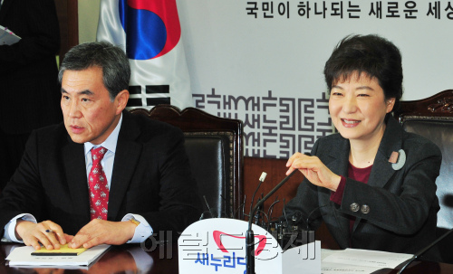 새누리당 박근혜 비상대책위원장이 16일 오전 서울 여의도 당사에서 열린 비상대책위원회의에 참석해 북한의 장거리 로켓 발사와 관련해 국회 차원의 대북결의안 채택을 촉구했다. 박현구 기자phko@heraldm.com 2012.04.16
Saenuri chief Park Geun-hye (right) presides over the emergency committee meeting at the party’s headquarters in Yeouido, Seoul, on Monday.  Park Hyun-koo/The Korea Herald