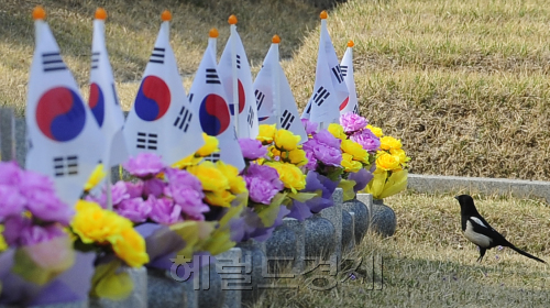 제52주년 4.19혁명 기념일을 이틀 앞 둔 17일 오후 서울 강북구 수유동에 위치한 국립4.19민주묘지에 까치 한 마리가 노닐고  있다. 박해묵 기자/mook@heradlm.com
제52주년 4.19혁명 기념일을 이틀 앞 둔 17일 오후 서울 강북구 수유동에 위치한 국립4.19민주묘지에 까치 한 마리가 노닐고  있다. 박해묵 기자/mook@heradlm.com