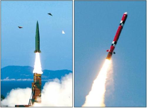 The Defense Ministry unveils two indigenous strategic missiles, ballistic (left photo) and cruise, through a video clip at its main building in seoul on Thursday.     (MND)