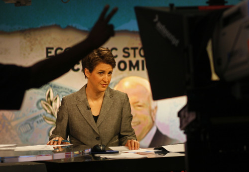 MSNBC’s Rachel Maddow gets her cue seconds before her show airs at MSNBC studios in New York, September 15, 2008. “Rachel Maddow Show,”
airs weekdays 9 to 10 p.m. She’s also the host (since 2004) of the radio show with the same name that airs weekdays 6 to 9 p.m. on Air America (and on XM Satellite Radio).     (Michael S. Wirtz/Philadelphia Inquirer/MCT)