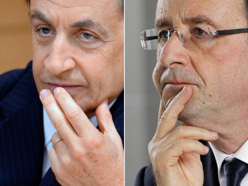 France's President and 2012 presidential candidate for UMP Party Nicolas Sarkozy (left) and Socialist Party candidate Francois Hollande (AFP-Yonhap News)