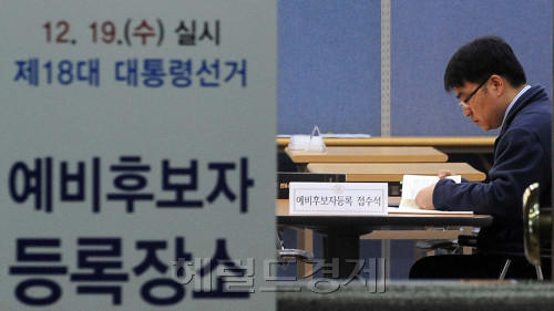 23일 오전 18대대선예비등록이 실시된 가운데 과천시 중앙동에 위치한  중앙선거관리위원회 접수처에 선관위 직원이 후보등록관련 책자를 살펴보고 있다.<br />이상섭 기자. babtong@heraldm.com 2012.04.23
23일 오전 18대대선예비등록이 실시된 가운데 과천시 중앙동에 위치한  중앙선거관리위원회 접수처에 선관위 직원이 후보등록관련 책자를 살펴보고 있다.
이상섭 기자. babtong@heraldm.com 2012.04.23