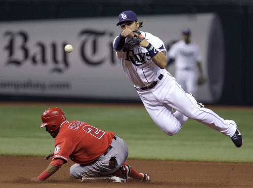 <YONHAP PHOTO-0320> Tampa Bay Rays shortstop Sean Rodriguez tosses to first after forcing out Los Angeles Angels' Erick Aybar (2) at second base on a ball hit by Howie Kendrick during the fourth inning of a baseball game Tuesday, April 24, 2012, in St. Petersburg, Fla. Kendrick was safe at first. (AP Photo/Chris O'Meara) /2012-04-25 09:31:50/ <저작권자 ⓒ 1980-2012 ㈜연합뉴스. 무단 전재 재배포 금지.>
Tampa Bay Rays shortstop Sean Rodriguez tosses to first after forcing out Los Angeles Angels’ Erick Aybar (left) at second base on a ball hit by Howie Kendrick during the fourth inning of a baseball game in St. Petersburg, Florida, Tuesday.  AP-YonhapNews
Tampa Bay Rays shortstop Sean Rodriguez tosses to first after forcing out Los Angeles Angels’ Erick Aybar (left) at second base on a ball hit by Howie Kendrick during the fourth inning of a baseball game in St. Petersburg, Florida, Tuesday.  AP-YonhapNews
Tampa Bay Rays shortstop Sean Rodriguez tosses to first after forcing out Los Angeles Angels’ Erick Aybar (left) at second base on a ball hit by Howie Kendrick during the fourth inning of a baseball game in St. Petersburg, Florida, Tuesday.  AP-YonhapNews
