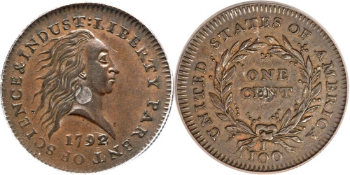 This photo combination made with images provided by Heritage Auctions shows the front and back of a copper and silver 1792 experimental penny that sold at auction in Schaumburg, Ill. on  April 19. (AP-Yonhap News)