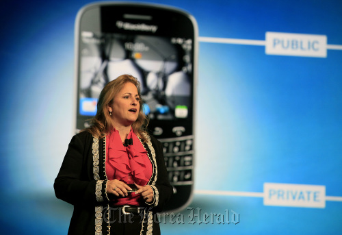 RIM CIO Robin Bienfait speaks at the BlackBerry World Conference in Orlando, Florida, Tuesday.   Bloomberg