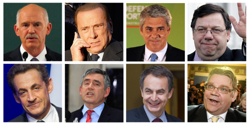 <YONHAP PHOTO-0152> This combination of Associated Press file photos shows, from top left, former Greek Prime Minister George Papandreou, former Italian premier Silvio Berlusconi, former Portugal interim Prime Minister and Socialist Party leader Jose Socrates, former Irish Prime Minister Brian Cowen, former French President Nicolas Sarkozy, former British Prime Minister Gordon Brown, former Spain Prime Minister Jose Luis Rodriguez Zapatero, and Chairman Timo Soini of the True Finns. When Nicolas Sarkozy was defeated Sunday, May 6, 2012, in France's presidential runoff by Socialist challenger Francois Hollande, he joined a series of European leaders booted from office because of public anger over austerity measures and economic crisis. Almost every crisis-hit European country that has held an election since disaster struck in 2009 has thrown out its leader. (AP Photo/File)/2012-05-07 06:50:46/ <저작권자 ⓒ 1980-2012 ㈜연합뉴스. 무단 전재 재배포 금지.>
This combination of Associated Press file photos shows (from top left), former Greek Prime Minister George Papandreou, former Italian premier Silvio Berlusconi, former Portugal interim Prime Minister and Socialist Party leader Jose Socrates, former Irish Prime Minister Brian Cowen, former French President Nicolas Sarkozy, former British Prime Minister Gordon Brown, former Spain Prime Minister Jose Luis Rodriguez Zapatero, and Chairman Timo Soini of the True Finns.  AP-Yonhap News
This combination of Associated Press file photos shows (from top left), former Greek Prime Minister George Papandreou, former Italian premier Silvio Berlusconi, former Portugal interim Prime Minister and Socialist Party leader Jose Socrates, former Irish Prime Minister Brian Cowen, former French President Nicolas Sarkozy, former British Prime Minister Gordon Brown, former Spain Prime Minister Jose Luis Rodriguez Zapatero, and Chairman Timo Soini of the True Finns.  AP-Yonhap News