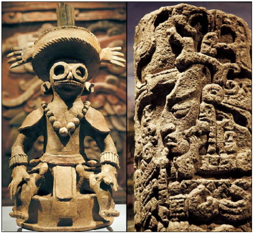 A jade figurine of Maize God (left) and the stone Copan Stela 11
are shown at the “Maya 2012: Lords of Time” exhibit at the
University of Pennsylvania Museum of Archaeology and
Anthropology on Thursday in Philadelphia. (AP-Yonhap News)