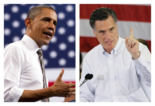 <YONHAP PHOTO-0764> FILE - This combination of 2012 file photos shows U.S. President Barack Obama, left, and Republican presidential candidate Mitt Romney in Boulder, Colo. and Cape Canaveral, Fla. How unthinkable it was, not so long ago, that a presidential election would pit a candidate fathered by an African against another condemned as un-Christian. And yet, here it is: Barack Obama vs. Mitt Romney, an African-American and a white Mormon, representatives of two groups and that have endured oppression to carve out a place in the United States. How much progress has America made against bigotry? (AP Photo/Carolyn Kaster, Charles Dharapak)/2012-05-05 23:12:17/ <저작권자 ⓒ 1980-2012 ㈜연합뉴스. 무단 전재 재배포 금지.>
U.S. President Barack Obama (left) and Republican presidential candidate Mitt Romney    AP-Yonhap News