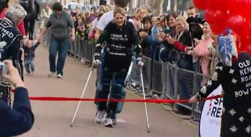 Claire Lomas crosses the finish line on Tuesday. (YouTube)