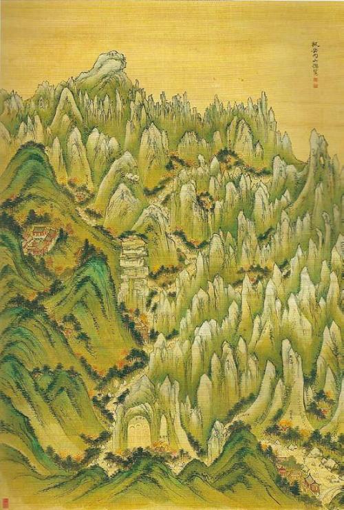 “Pungak Naesan Chongram” (Looking at the Inner Pungak Mountain), Jeong Seon’s portrayal of Mount Geumgang in autumn. (Kansong Art Museum)
