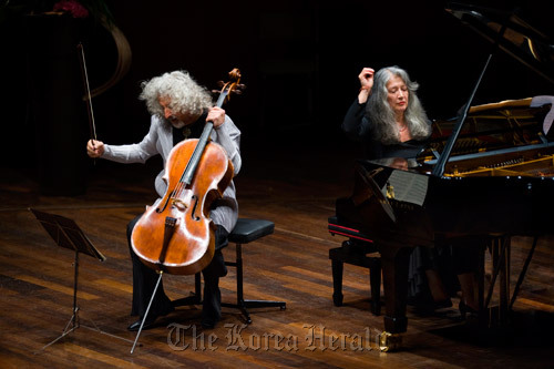 Pianist Martha Argerich (right) performs with cellist Mischa Maisky at the 2009 Martha Argerich Project. A. Heitmann/Lugano Festival