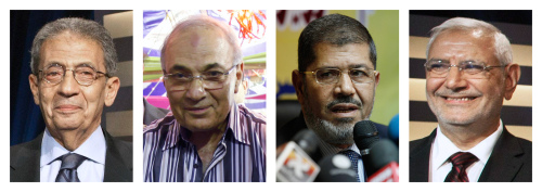 <YONHAP PHOTO-0203> FILE - This combination of photos shows Egyptian presidential candidates, from left, Amr Moussa, Ahmed Shafiq, Mohammed Morsi and Abdel-Moneim Abolfotoh. None of the 13 candidates is likely to top 50 percent in voting Wednesday, May 23, 2012 and Thursday, so a runoff vote is set for June 16-17. A president will be announced June 21. (AP Photo)/2012-05-21 05:59:30/ <저작권자 ⓒ 1980-2012 ㈜연합뉴스. 무단 전재 재배포 금지.>
Egyptian presidential candidates, (from left), Amr Moussa, Ahmed Shafiq, Mohammed Morsi and Abdel-Moneim Abolfotoh. None of the 13 candidates is likely to top 50 percent in voting May 23-24, so a runoff vote is set for June 16-17.  AP-Yonhap News