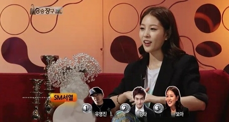 보아(가수)
보아는 지난 29일 오후 방송된 KBS2 ‘승승장구’에 출연해 SM엔터테인먼트의 서열 1위는 유영진, 2위는 강타이며 자신이 3위라고 말했다.