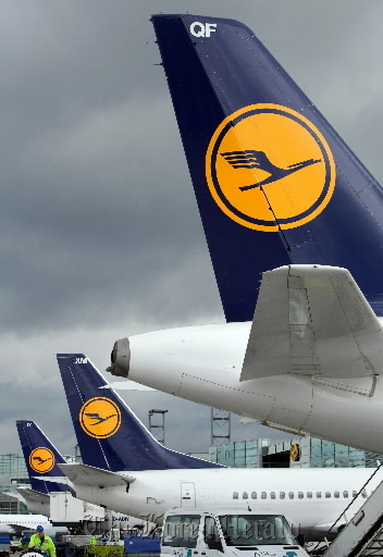 Lufthansa airplanes parked at Frankfurt International airport in Germany.  Bloomberg