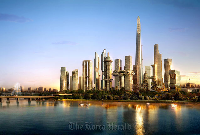 An artist’s rendering shows commercial buildings at the Yongsan International Business District project.  Bloomberg