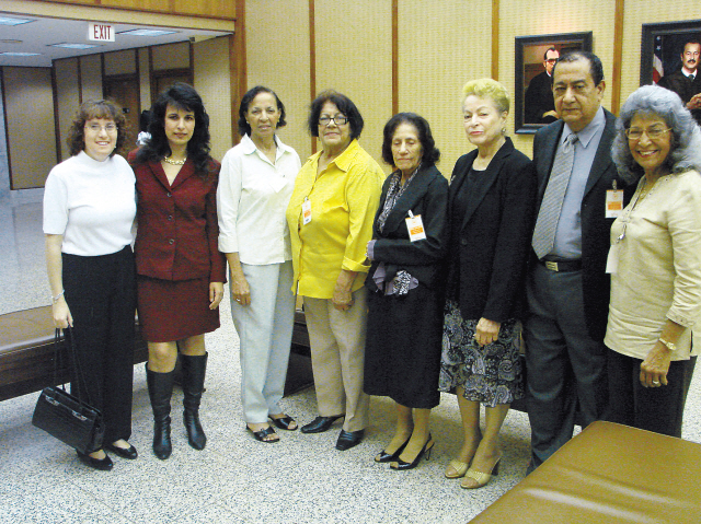 Attorneys Naomi Weinberg and Nitsana Darshan-Leitner (second left) with family members of terror victim Carmelo Calderon-Molina in the United States District Court in San Juan, Puerto Rico, during the 2010 trial to prove North Korea’s involvement in the 1972 Lod Airport attack. (Shurat HaDin-Israel Law Center)