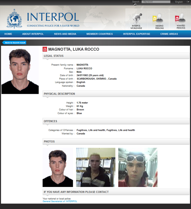 A picture released on May 31, by Interpol shows the red notice
issued as part of an international wanted persons alert,
for Canadian Luka Rocco Magnotta who is suspected of killing
a man and posting body parts to various locations
around Canada. (AFP-Yonhap News)