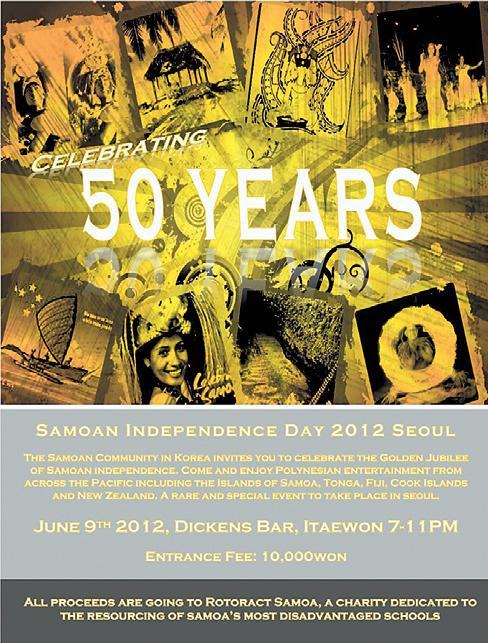 The Samoan community in Korea is preparing to celebrate its golden jubilee, commemorating 50 years of the country’s independence with a charity event in Seoul.
Guests are invited to dress in their best Samoan attire or Polynesian-themed clothing. The charity event will be held in Itaewon’s JR pub from 7 p.m. on Saturday.