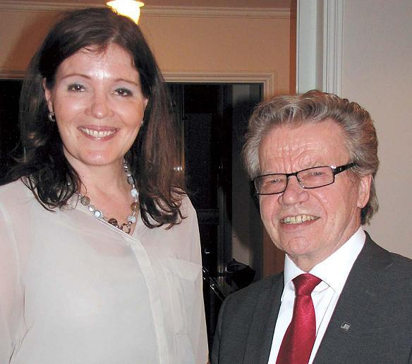 Kaiko Tuupainen (right) and former Finnish Education Minister Sari Sarkomaa at Finnish Ambassador Pekka Wuoristo’s residence in Seoul. (Kirsty Taylor)