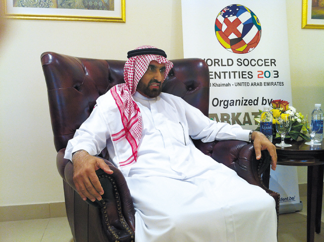 Sheikh Mohammed bin Saqr Al Qasimi, president of the International Federation of  Football History and Statistics, speaks to reporters.   (Robert Lee/The Korea Herald)