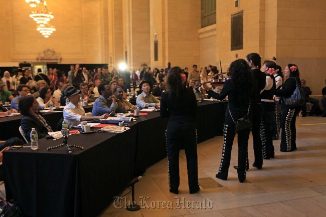 Members of Mariachi Flo de Toloache, an all-female group, audition for a panel of judges for Music Under New York at Grand Central Station in New York City on May 16, trying to get an official permit to play music in the city’s subway system.  MCT