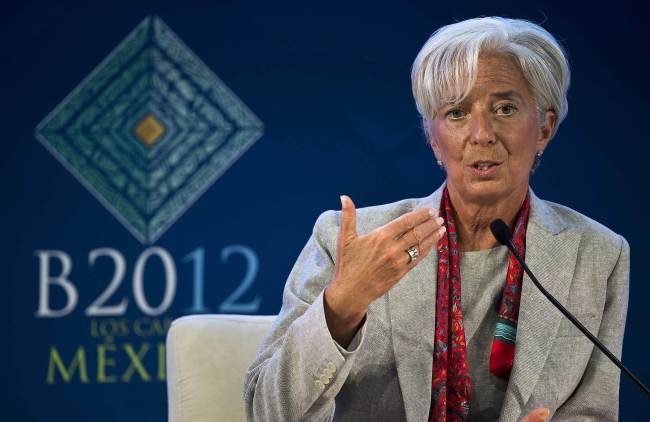 Managing Director of the IMF Christine Lagarde speaks at the World Economy panel discussion in the framework of the G20 Leaders Summit which starts on Monday in Los Cabos, Mexico.   AFP-Yonhap News