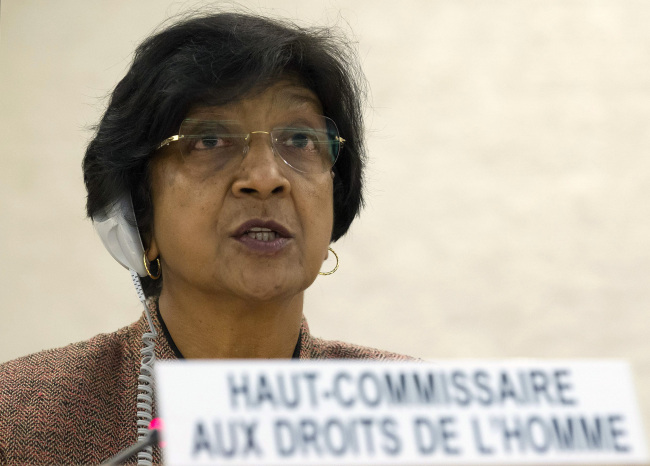 U.N. human rights chief Navi Pillay during a session of the Human Rights Council in Geneva on Monday. (AP-Yonhap News)