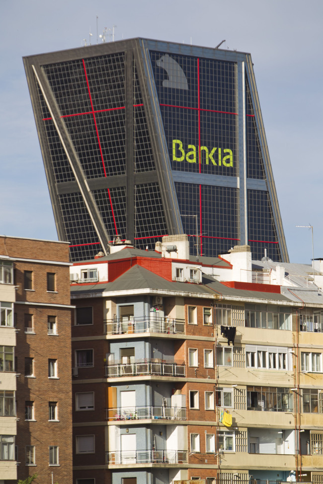 The headquarters of Bankia SA is seen above residential apartments in Madrid. (Bloomberg)