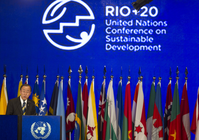 United Nations Secretary General Ban Ki-moon speaks during the closing ceremony of the Rio+20 U.N. Conference on Sustainable Development in Rio de Janeiro, Brazil, Friday.  (AP-Yonhap News)