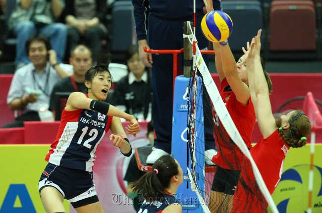 Han Song-yi of Korea spikes against the Germans in her side’s second match of Week 3 at the FIVB Volleyball World Grand Prix in Osaka, Japan, Saturday. FIVB