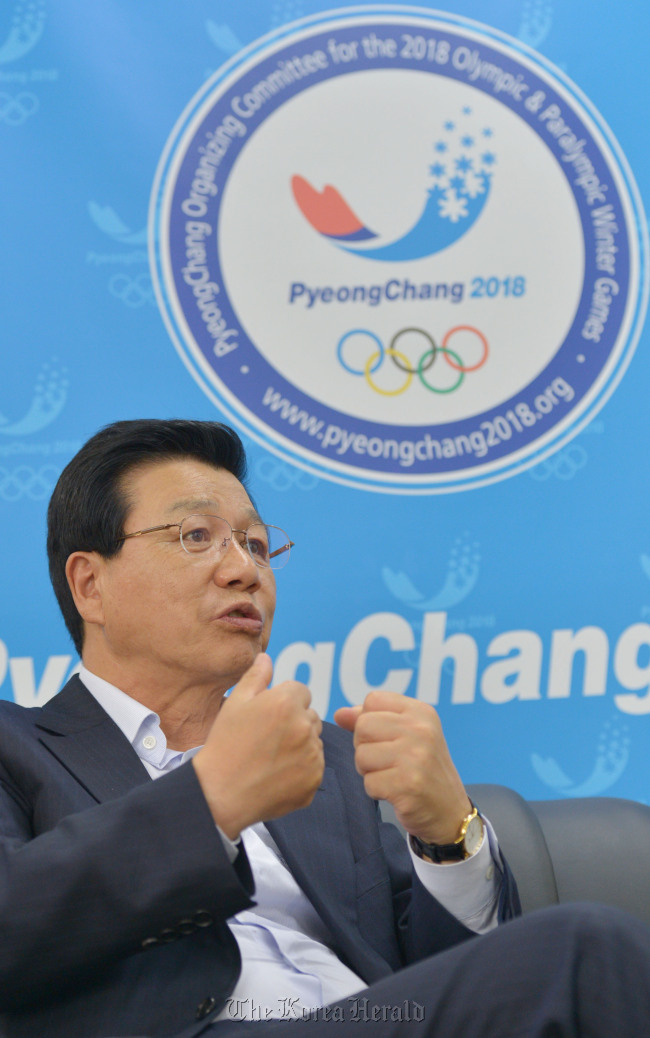 Kim Jin-sun, the president of the PyeongChang 2018 Organizing Committee, talks about the committee’s year-long journey after winning the bid.  Lee Sang-sub/The Korea Herald