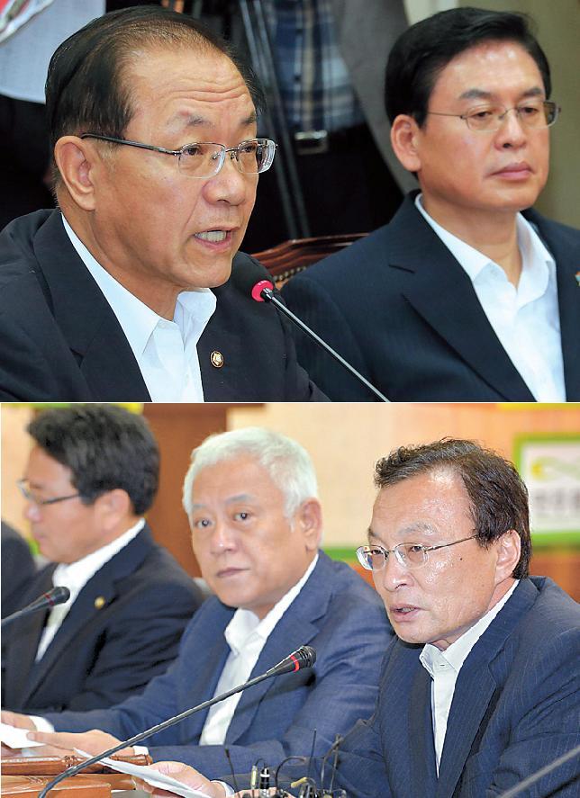 Saenuri Party leader Hwang Woo-yea (left, top photo) and Democratic United Party leader Lee Hae-chan (right, bottom photo) lead their respective party meetings on Monday. (Park Hyun-koo/The Korea Herald/Yonhap News)