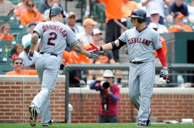 <YONHAP PHOTO-0298> BALTIMORE, MD - JULY 01: Aaron Cunningham #2 of the Cleveland Indians celebrates with Shin-Soo Choo #17 after hitting a home run in the third inning against the Baltimore Orioles at Oriole Park at Camden Yards on July 1, 2012 in Baltimore, Maryland. Greg Fiume/Getty Images/AFP== FOR NEWSPAPERS, INTERNET, TELCOS & TELEVISION USE ONLY ==../2012-07-02 06:04:27/ <저작권자 ⓒ 1980-2012 ㈜연합뉴스. 무단 전재 재배포 금지.>
Indians outfielder Aaron Cunningham (left) celebrates his home run with teammate Choo Shin-soo on Sunday.  AFP-Yonhap News