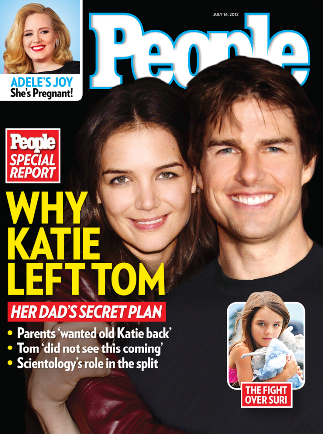 This image released by People Magazine shows its July 16, 2012 cover featuring the divorce of actors Katie Holmes and Tom Cruise.   (AP-Yonhap News)