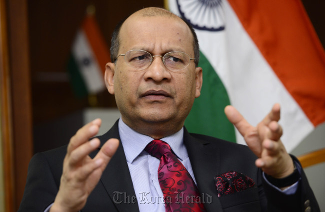 Indian Ambassador Vishnu Prakash speaks about Korea’s role in India’s infrastructure development during an interview with The Korea Herald in Seoul on Tuesday.  Park Hae-mook/The Korea Herald.